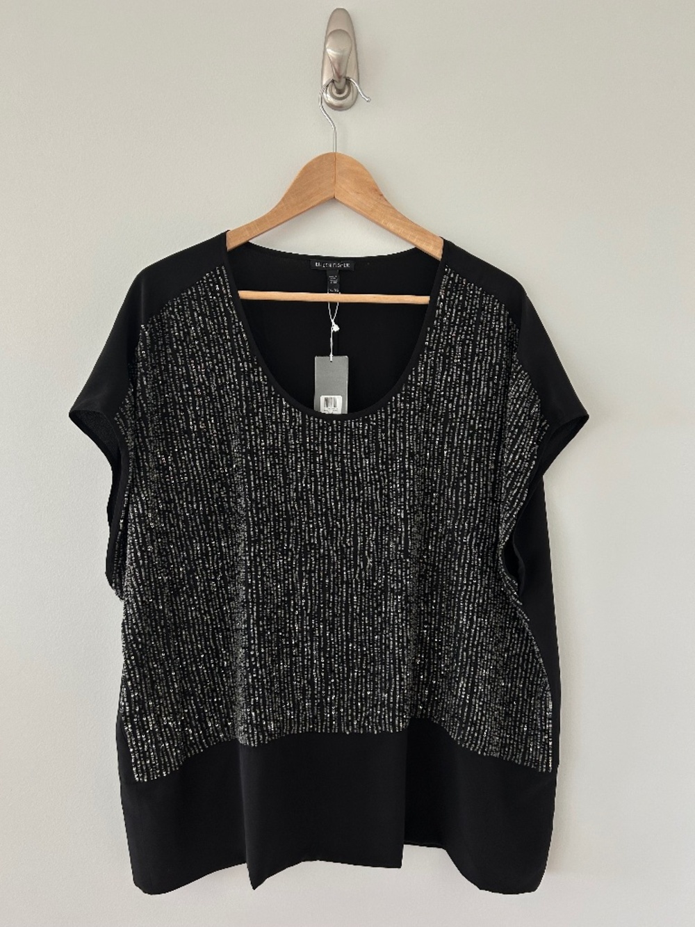 NWT Eileen Fisher  Sequined Silk U-Neck Cap Sleeve Tunic in Black Sz XL